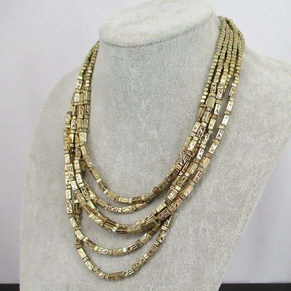 NWT Chicos Hammered Gold Tone Beaded Multi Strand Layered Necklace Hoop Earrings - Picture 7 of 7